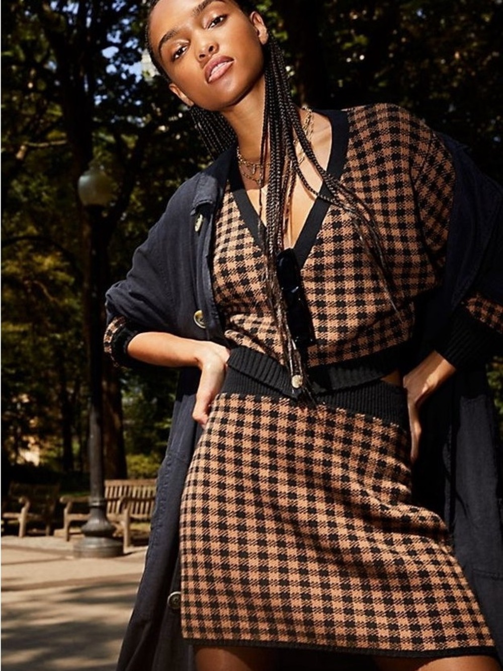 Free People Brown & Black Check Knit Cardigan and Mini Skirt Maeve Set